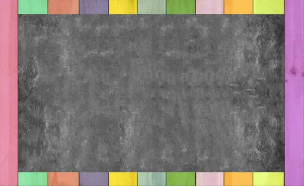 Vintage big rectangular dark gray or black chalkboard/blackboard with colorful wood frame, dark gray or black color surface. multi color wood frame. background