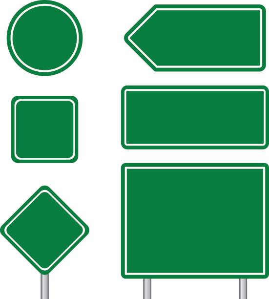 ilustrações de stock, clip art, desenhos animados e ícones de blank multiple size of blue transportation sign set with pole - copy space left