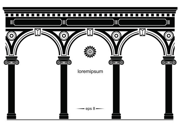 Silhouette of arched classical facade Silhouette of arched classical facade. Background for cover, invitation cards. Vector graphics temple decor stock illustrations