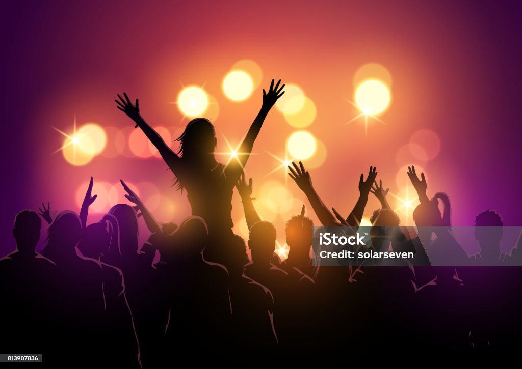 crowd at a music festival A group of young people in a crowd at a music festival concert. Vector illustration Party - Social Event stock vector