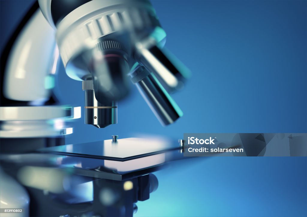 microscope A close up image of a microscope studying a biological sample in a laboratory. 3D illustration. Microscope Stock Photo