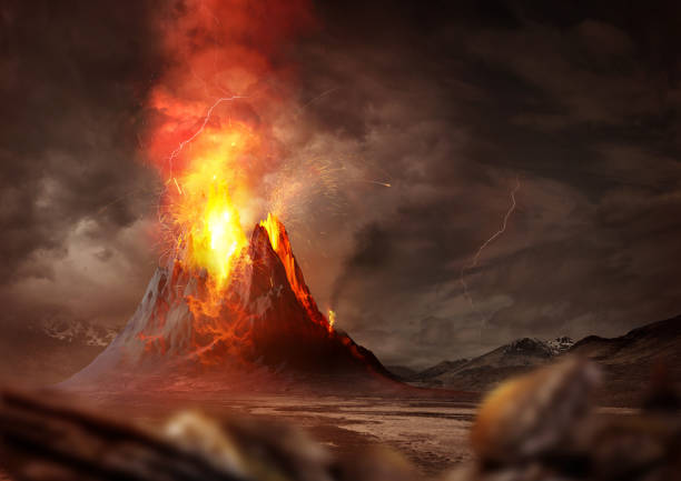 Massive Volcano Eruption Massive Volcano Eruption. A large volcano erupting hot lava and gases into the atmosphere. 3D Illustration. volcano stock pictures, royalty-free photos & images