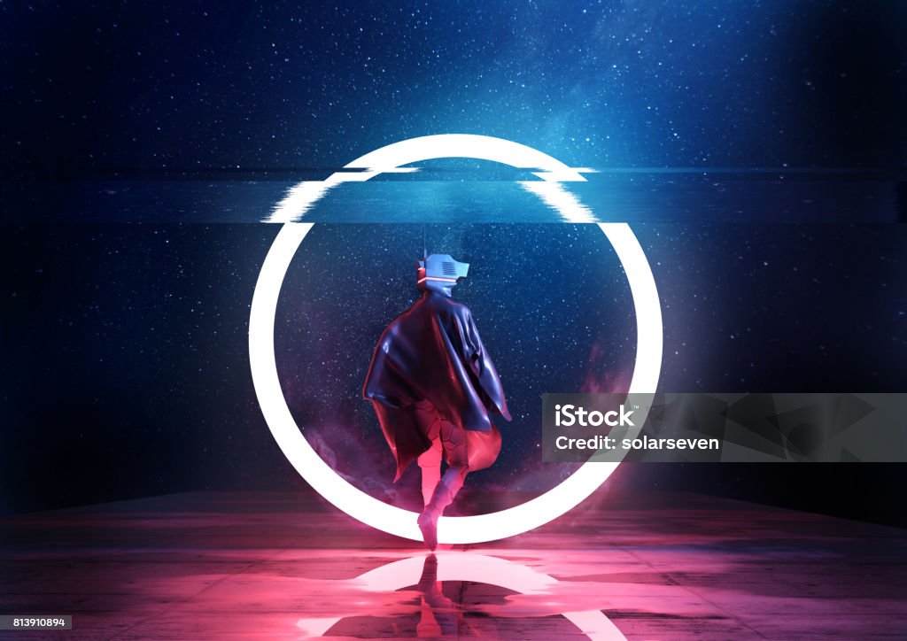 Retro Future Retro Future. A futuristic spaceman walking thorugh a circle of light. 3D illustration Futuristic Stock Photo