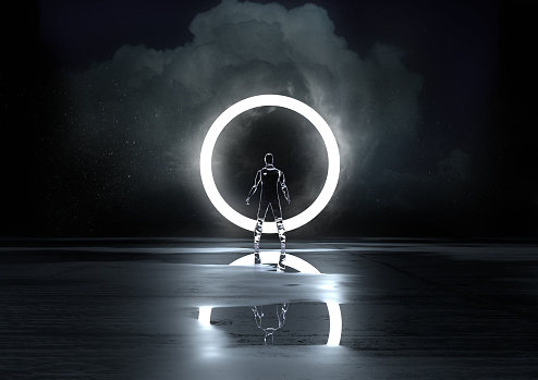 Circle of Light. A glass figure illuminated at night by a circle of light. 3D Illustration