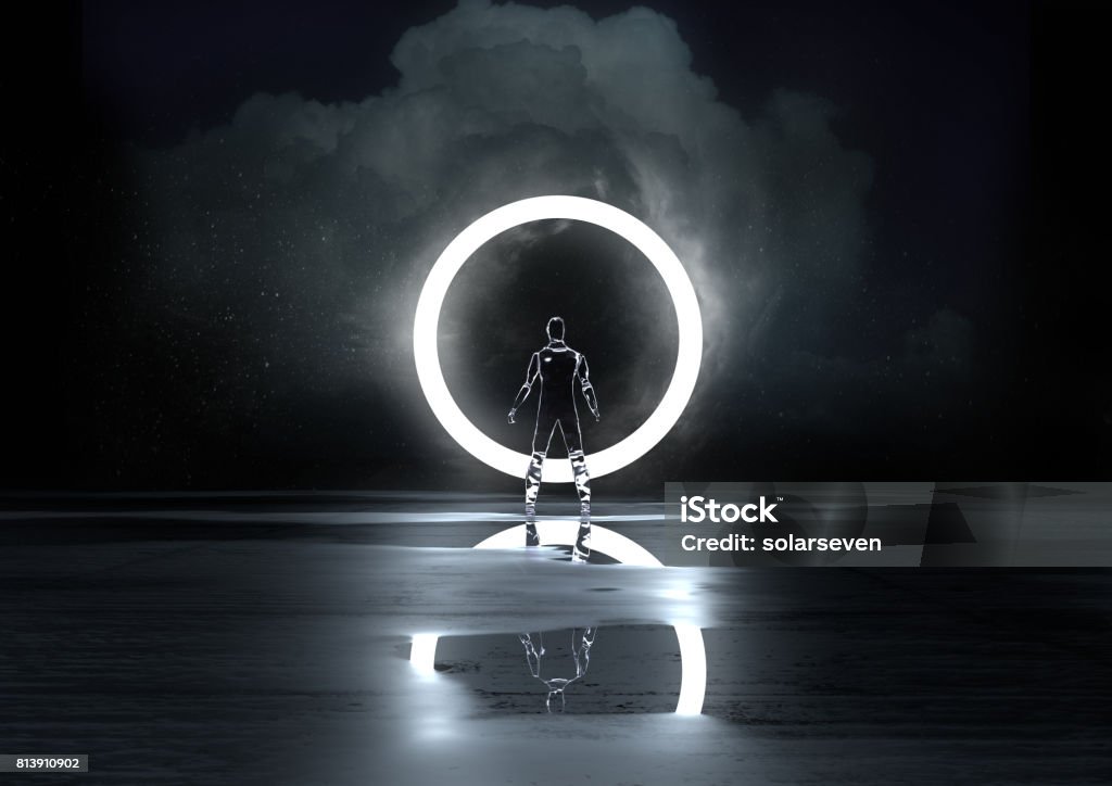 Circle of Light Circle of Light. A glass figure illuminated at night by a circle of light. 3D Illustration Futuristic Stock Photo