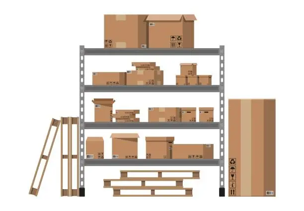 Vector illustration of Pile cardboard boxes on shelves