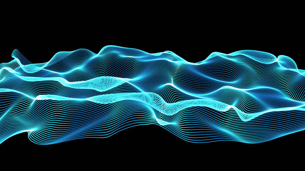 istock blue abstract waves on black background - shape made of lines 813916052
