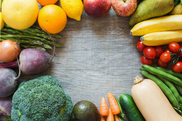 istock Different fruits vegetables on the grey table 813919708