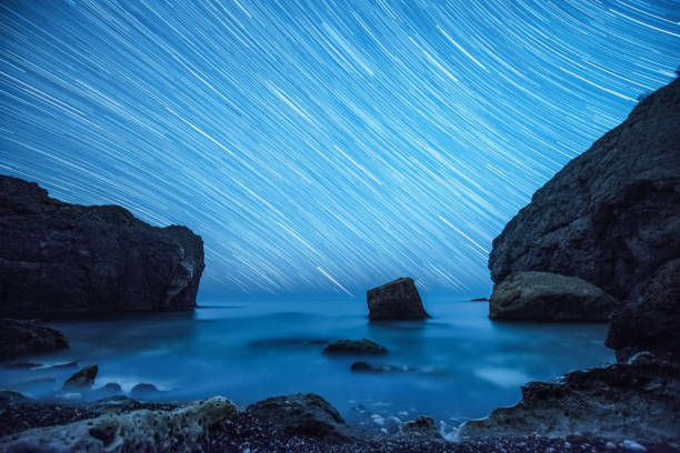 istock Star trails above the rocky seashore 813930266