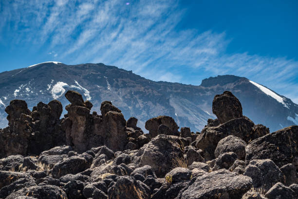 Mawenzi mountain view from Kilimanjaro summit showing sharp volcanic peaks, alpine desert terrain, and high altitude landscape in Tanzania. Suitable for themes of Africa, mountaineering, adventure travel, geology, nature background, elevation, wilderness, environment