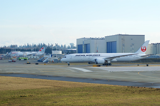 EVERETT, WASHINGTON, USA - JAN 26th, 2017: Brand new Japan Airlines Boeing 787-9 MSN 34843, Registration JA867J lining up for takeoff for a test flight at Snohomish County Airport or Paine Field.