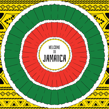 Welcome to Jamaica vector. Tourist flyer or banner design. Colorful decorative print for card, poster or background. Jamaican tribal concept.