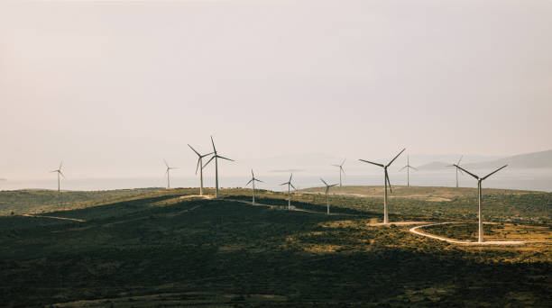 Wind Turbines Landscape Large group of eco system wind turbines power generation station on green field in rural landscape in countryside. xxxl size floating electric generator stock pictures, royalty-free photos & images