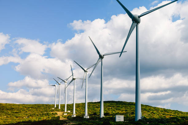 istock Scenic view of windmill farm against blue sky 813968064