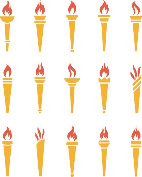 ilustrações de stock, clip art, desenhos animados e ícones de icons golden torch with flame isolated vector set - flaming torch