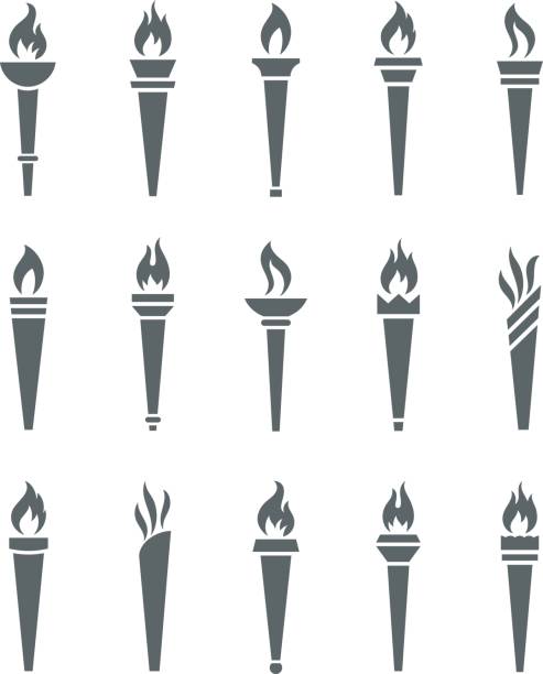 Icons torch with flame isolated vector set Icons torch with flame isolated vector set. The symbol of victory, success or achievement. Silhouettes of various medieval flaming torches. flame silhouettes stock illustrations