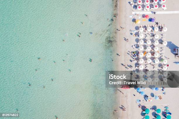 Sardinia Italy 10 July 2017 Aerial View Of The Amazing Beach With Colorful Umbrella And People Who Swim 10 July 2017 Sardinia Is The Second Largest Island In The Mediterranean Sea Stock Photo - Download Image Now