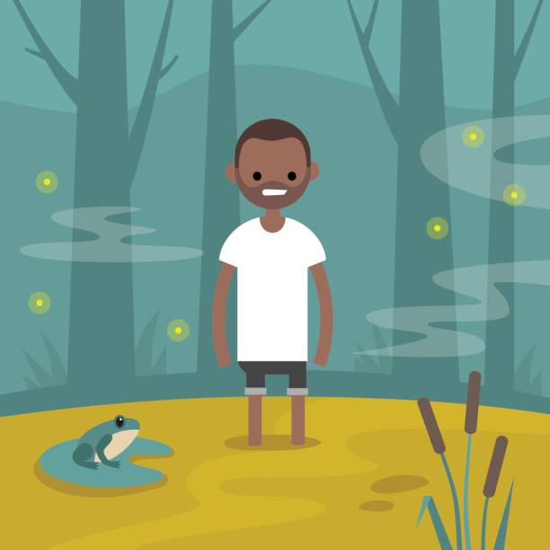 ilustrações, clipart, desenhos animados e ícones de jovem negro personagem presa no pântano / plana editável vector a ilustração, clip-art - marsh swamp plant water lily