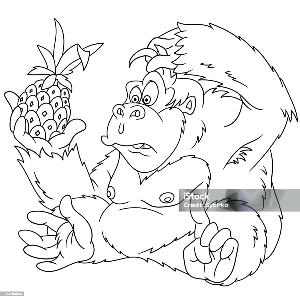 cartoon gorilla coloring page Coloring page of gorilla and pineapple. Cartoon vector illustration for kids and children. Animal stock vector