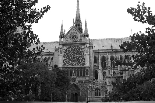 Paris, France – 12 august 2006: Part of the main facade of Notre Dame de Paris on one of the streets. 12 August, 2006. Paris, France.