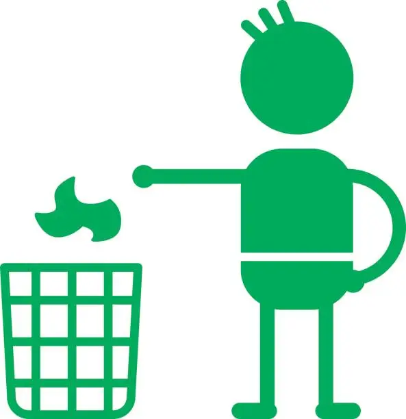 Vector illustration of Man throwing garbage in a trash recycling bin, vector icon.