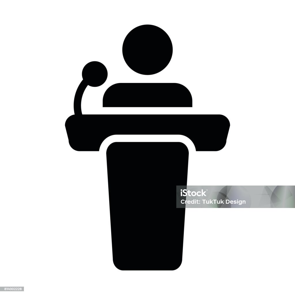 Podium Icon Vector Person Public Speech in Glyph Pictogram Symbol Podium Icon Vector Person Public Speech for Presentation and Seminar with Microphone Glyph Pictogram illustration Icon Symbol stock vector