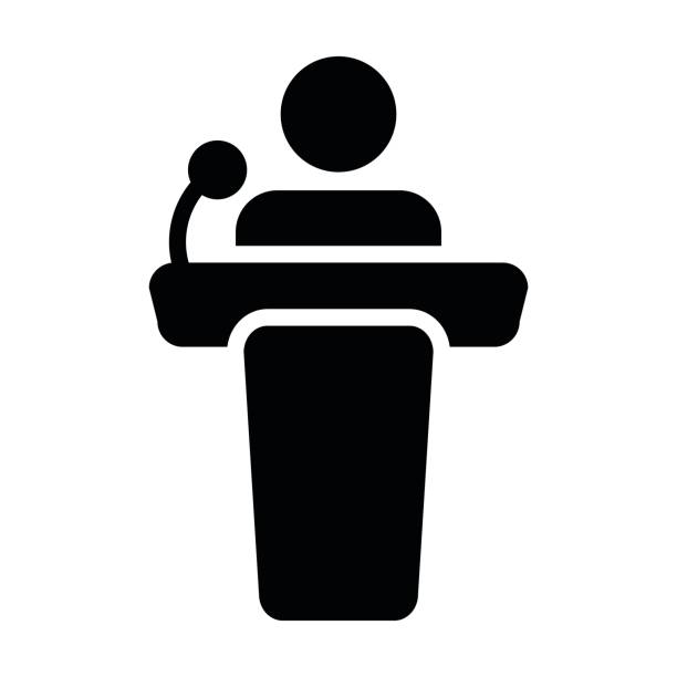 Podium Icon Vector Person Public Speech in Glyph Pictogram Symbol Podium Icon Vector Person Public Speech for Presentation and Seminar with Microphone Glyph Pictogram illustration press conference stock illustrations