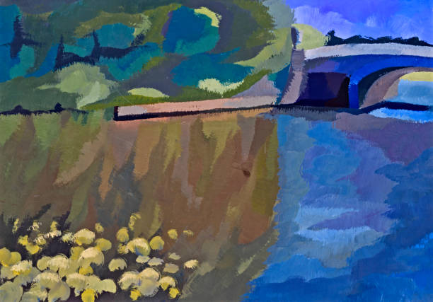 istock Gouache sketch of the landscape with a bridge and a pond 814010934