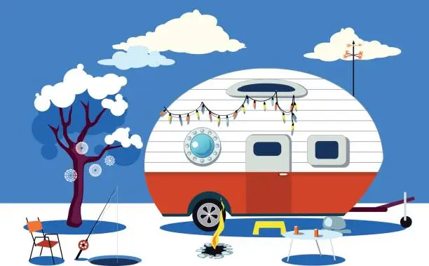 Vector illustration of Ice fishing scene