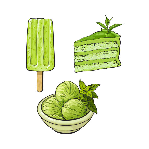 matcha zielona herbata lody, ciasto, popsicle - frozen leaf cold white background stock illustrations