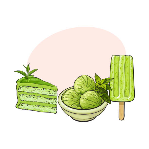 matcha zielona herbata lody, ciasto, popsicle - frozen leaf cold white background stock illustrations