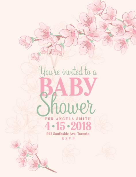 illustrazioni stock, clip art, cartoni animati e icone di tendenza di invito alla baby shower disegnato a mano con fiori di ciliegio - baby shower invitation its a girl greeting card