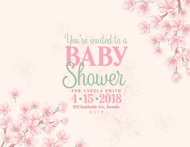 Hand Drawn Baby Shower Invitation with Cherry Blossom - ilustração de arte vetorial