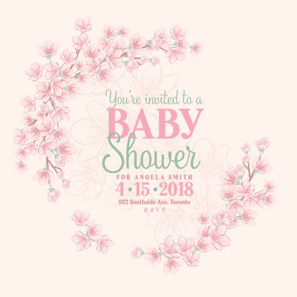 illustrazioni stock, clip art, cartoni animati e icone di tendenza di invito alla baby shower disegnato a mano con fiori di ciliegio - baby shower invitation its a girl greeting card