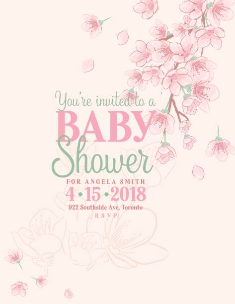 Hand Drawn Baby Shower Invitation with Cherry Blossom Hand Drawn Baby Shower Invitation with Sakura cherry blossom invitations stock illustrations