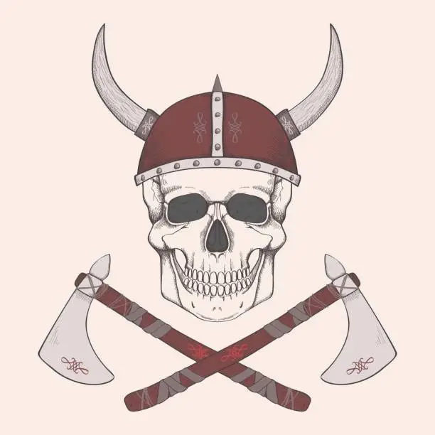 Vector illustration of Vector illustration with axes and human skull wearing viking helmet