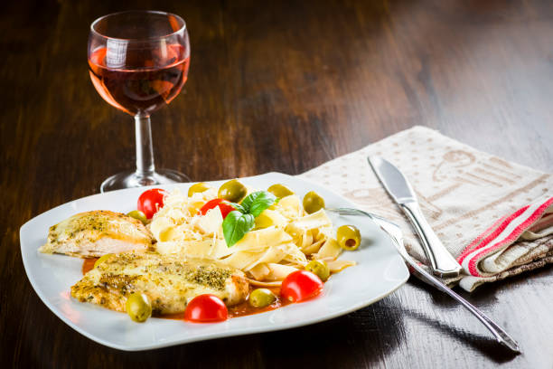 Chicken fillet in tomato sauce with olives and grated mozzarellaChicken fillet in tomato sauce with olives and grated mozzarella