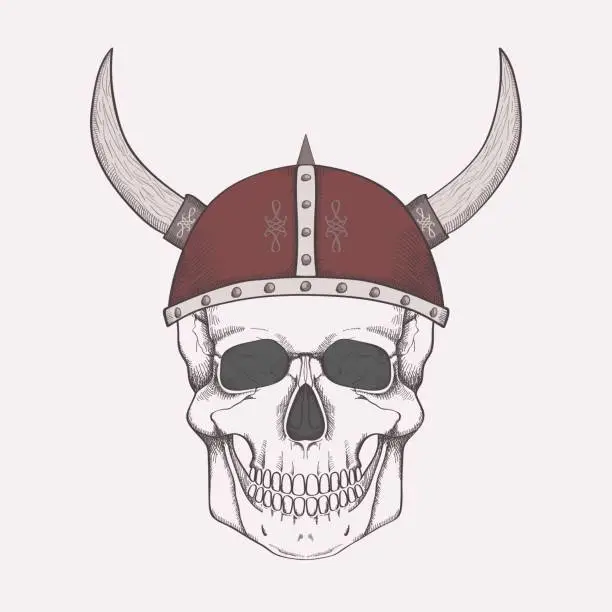 Vector illustration of Vector illustration with human skull wearing viking helmet