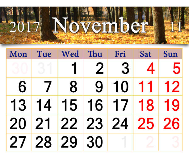 istock calendar for November 2017 with yellow leaves in park 814082002