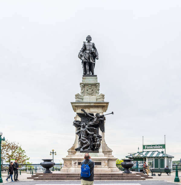 The Samuel Champlain monument under the snow in the Old Quebec city.