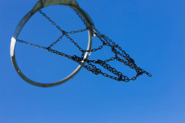 Metal basketball hoop against the sky. No people.