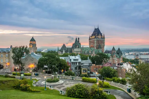Sunset of Quebec City overlooking the Chateau Frontenac in Canada's oldest french speaking town.  Overlooking the St. Lawrence River, this grand, castlelike hotel is a 3-minute walk from Cathedral-Basilica of Notre-Dame de Québec and 8 minutes’ walk from boutiques in Quartier Petit Champlain.