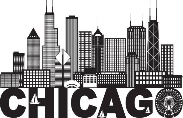 Chicago City Skyline Text Black and White Illustration Chicago City Skyline Panorama Black Outline Silhouette with Text Isolated on White Background Illustration white sailboat silhouette stock illustrations