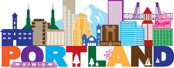 illustrazioni stock, clip art, cartoni animati e icone di tendenza di portland oregon skyline e illustrazione a colori di testo - portland oregon skyline cityscape silhouette