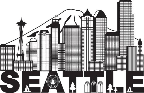 Seattle City Skyline and Text Black and White Illustration Seattle Washington Downtown City Skyline and Text in Black Isolated on White Background Illustration mt rainier stock illustrations