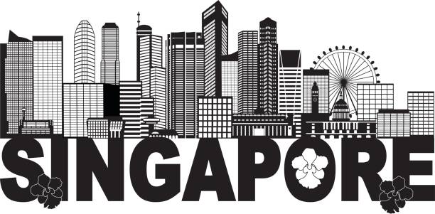 Singapore City Skyline Testo Illustrazione in bianco e nero - illustrazione arte vettoriale