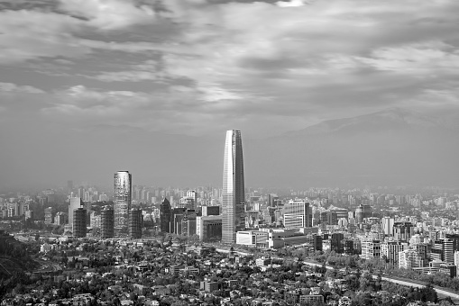 The skyline of Santiago in Chile at sunset.