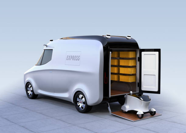 istock Self-driving delivery robot on van's tail lift 814145474