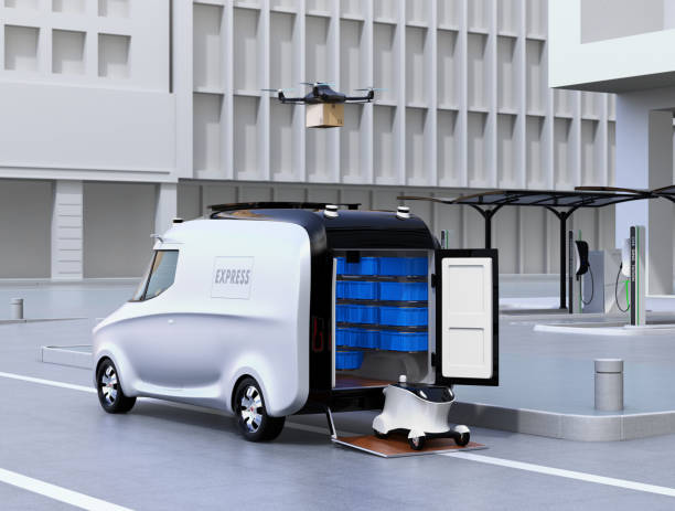 Fleet of self-driving delivery robots, van and drone at the side of road Fleet of self-driving delivery robots, van and drone at the side of road. Automatic delivery system concept. 3D rendering image. amphibious vehicle stock pictures, royalty-free photos & images