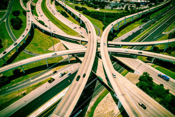 istock Aerial view looking down above Cross Over and Interchange Urban Sprawl 814150390